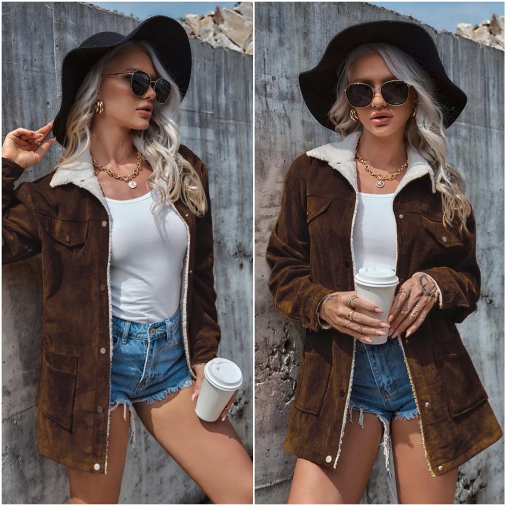 snap button corduroy shearling lined jacket brown